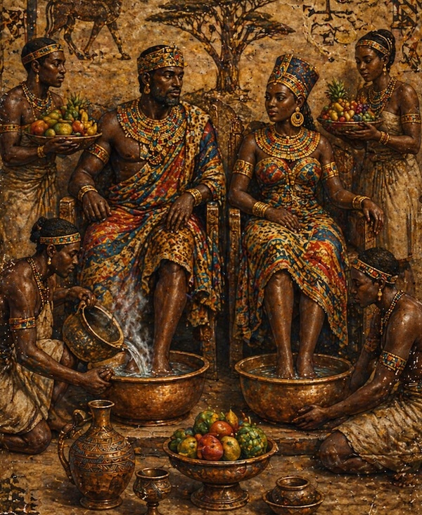 A wall fragment of royal ablution from roughly 1000 CE showing royalty enjoying foot soaks together