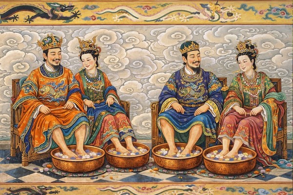 Decorative court scene depicts nobles seated in ceremonial robes soaking feet in copper basins