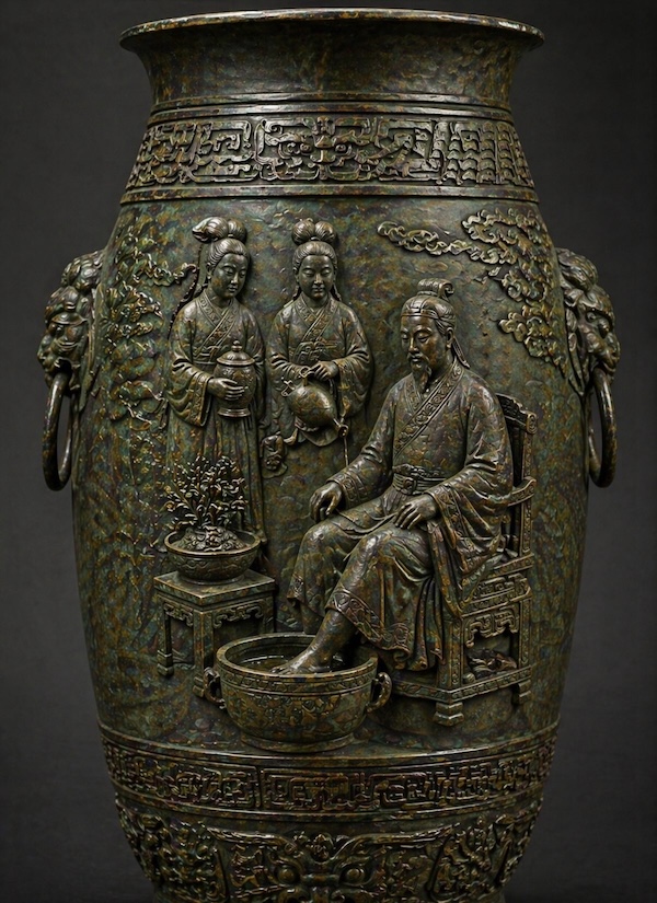 Large ceremonial bronze vessel features a detailed relief scene depicting a seated noble receiving a restorative foot bath while attendants prepare warm water and aromatic botanicals