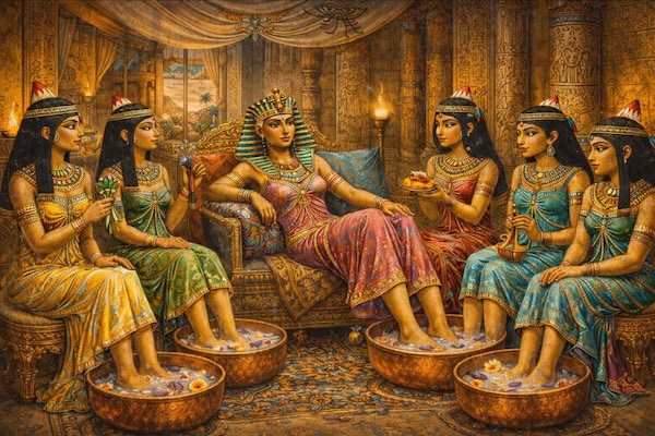 Scene of Egyptian Queen and her elite court enjoying foot soaks