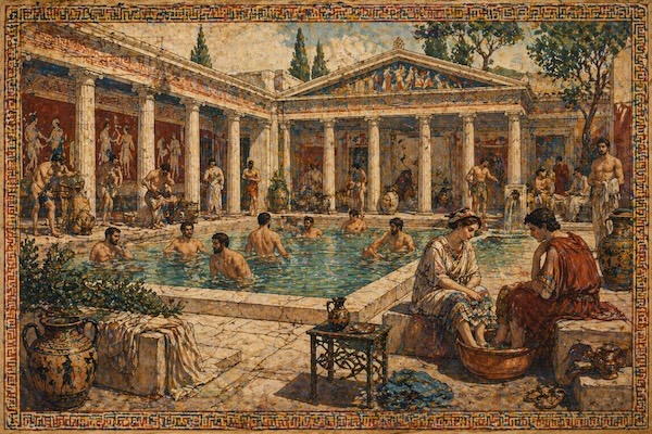 Painted fresco fragment communal pool, depicts a lively courtyard bathing complex typical of the Hellenistic Mediterranean world