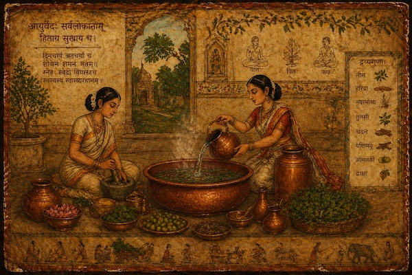Attendants preparing a traditional Ayurvedic herbal infusion in hammered copper vessels