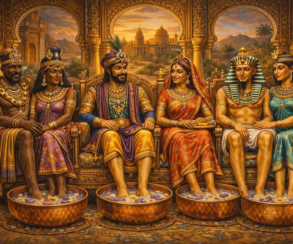 Ancient Royalty enjoying soaking their feet in copper bowls