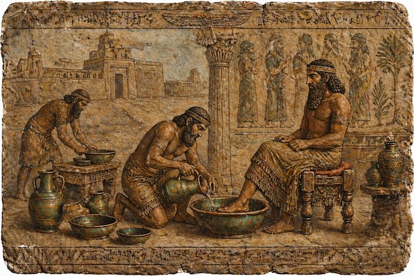 Scene of seated noble enjoying a foot soak in ancient mesopotamia