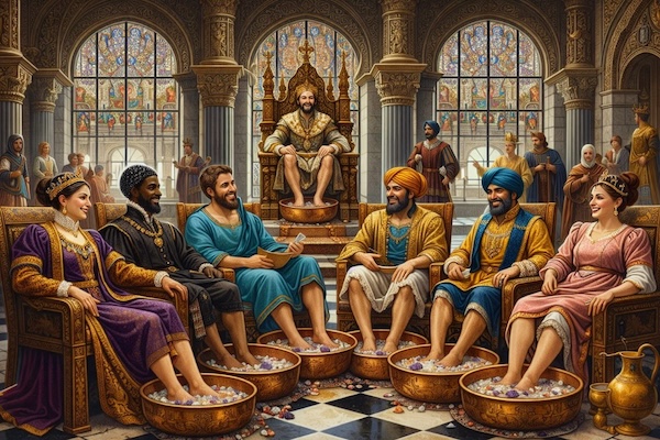 Persian nobles and visiting dignitaries seated in conversation while attendants prepare copper basins for restorative foot soaking