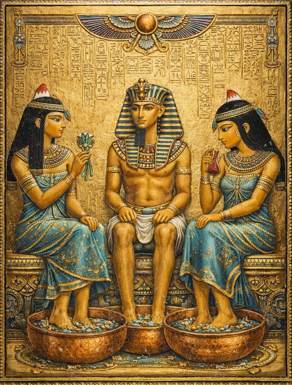 Scene of Egyptian Pharoah and 2 attending women enjoying foot soaks