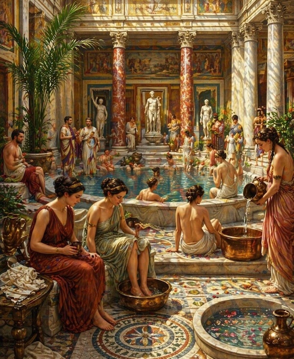 Lively bathing hall depicts the social life of Roman thermae, where bathing, conversation and relaxation took place together