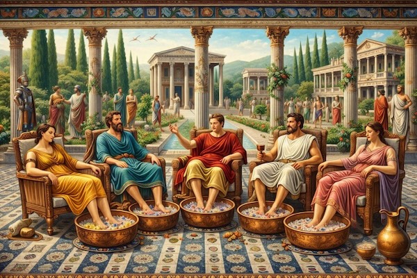A refined courtyard gathering within a classical Mediterranean villa, where members of an elite household relax among gardens, fountains and colonnaded architecture, enjoying foot soaks