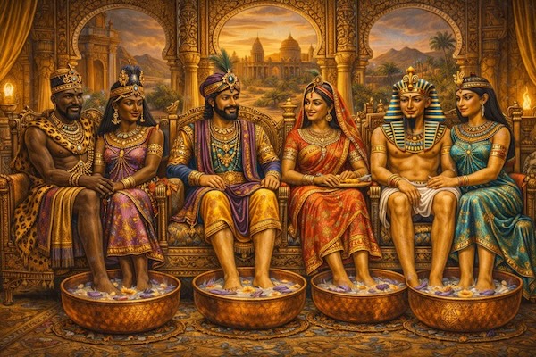 Scene of 3 sets of ancients kings and queens enjoying foot soaks