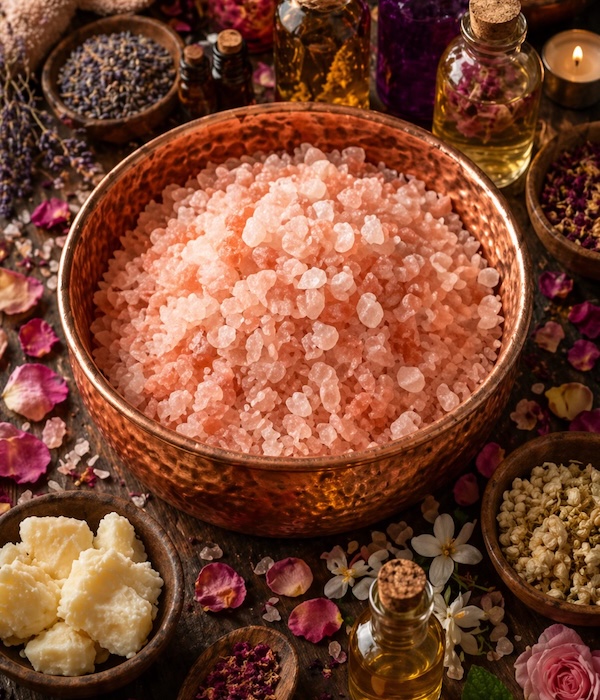 a bowl of salt crystals for professional foot soak spa