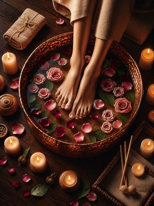 womans feet in copper bowl enjoying a soothing, relaxing soak