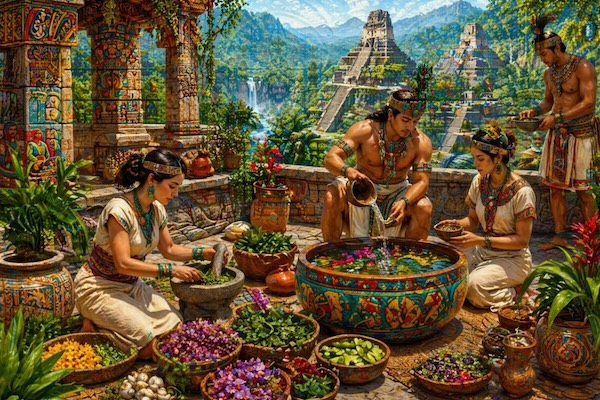 Attendants preparing an herbal infusion in a decorated ceramic basin within a temple courtyard surrounded by jungle and stepped pyramids