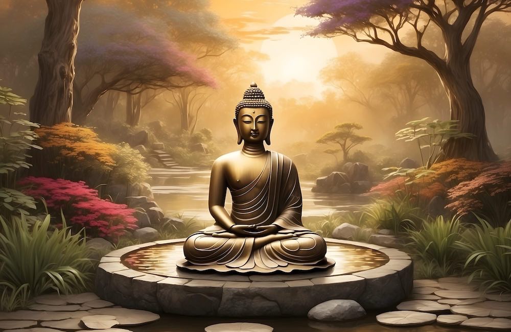 Buddha zen on water in tranquil garden