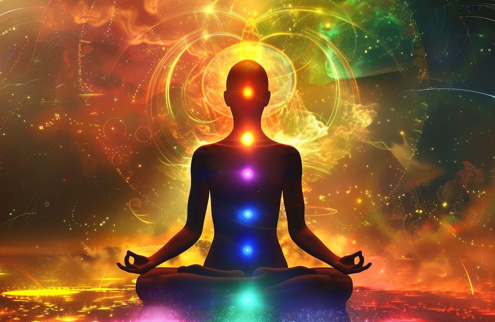 a colorful, zen-filled scene of a seated figure relaxed