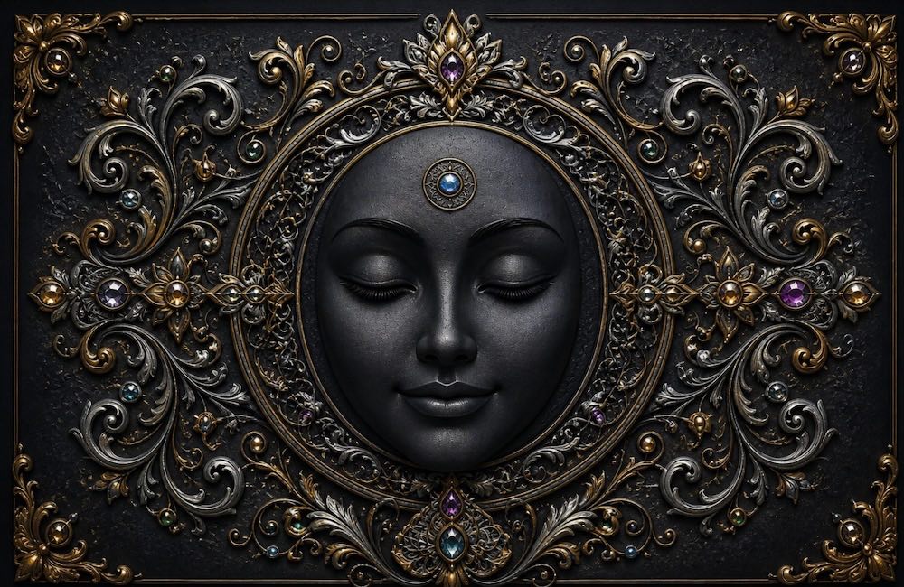 Dark female relief adorned with precious stones, gold and silver leaf