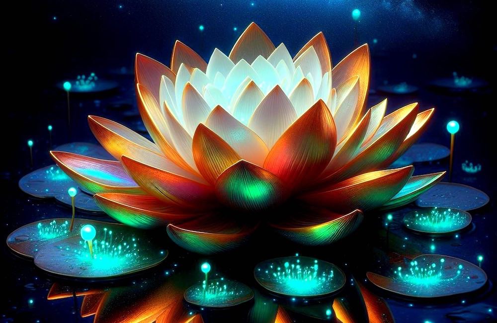 a glowing, open flower on water