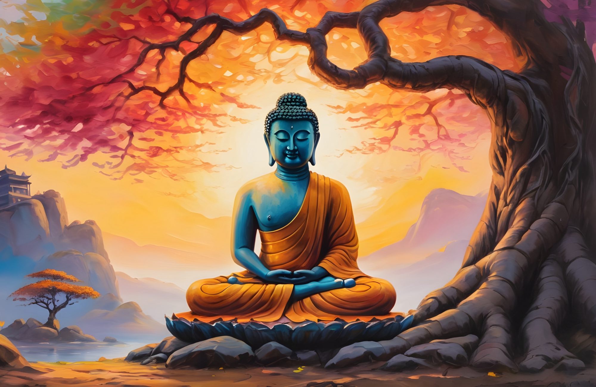 Buddha enjoying a blissful zen moment under a tree in a relaxing setting