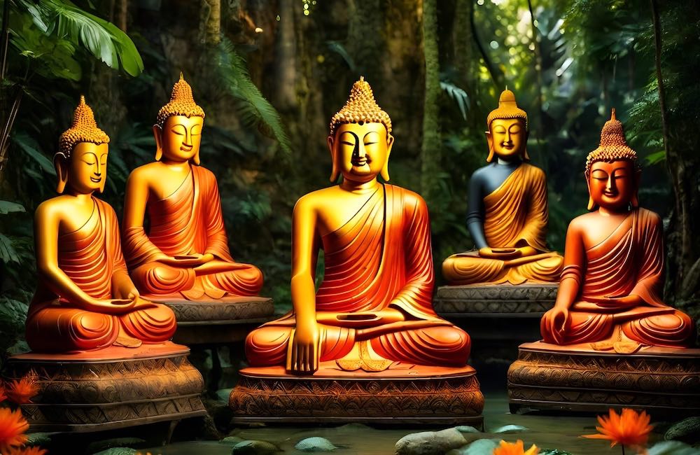 5 Buddha statues in a green forest