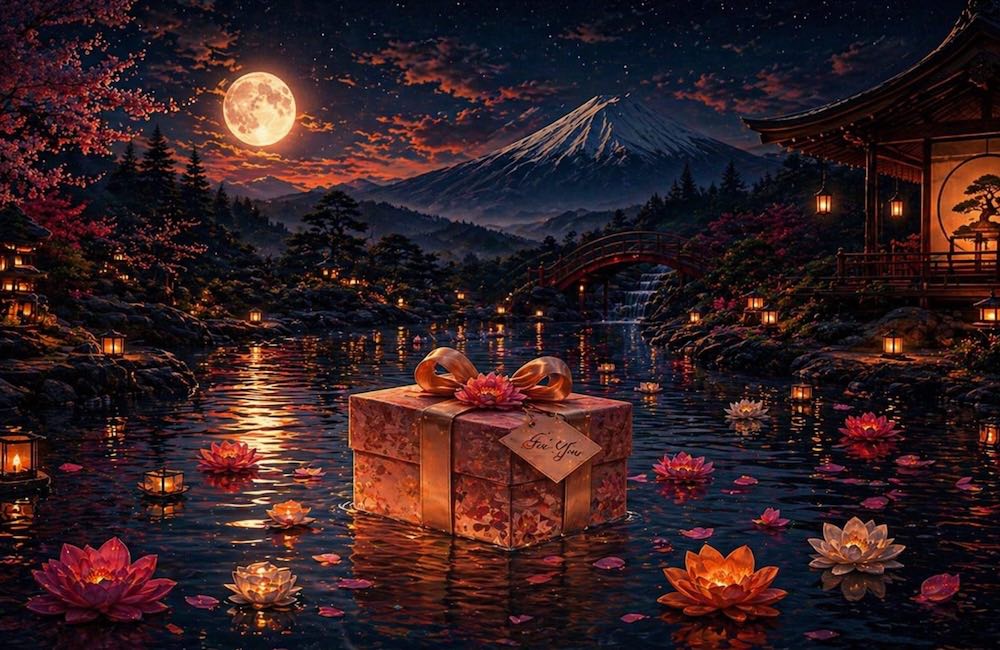 Gift box floating atop a beautiful moonlit lake with candles