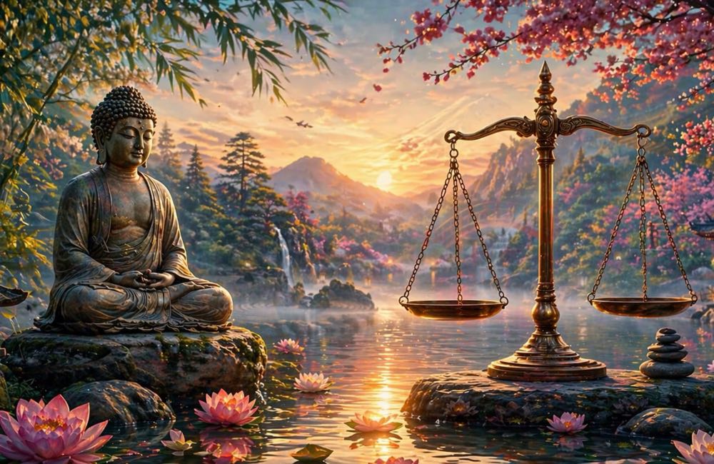 Statue of Buddha viewing the scales of justice in a beautiful lake scene