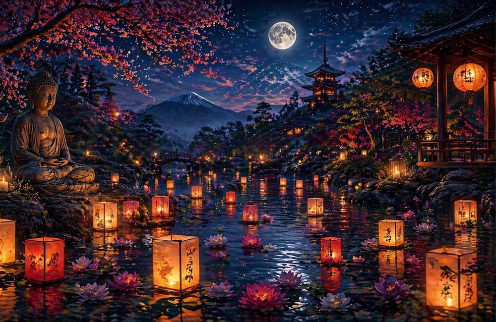 a moonlit scene of a lake with candlelit candles floating