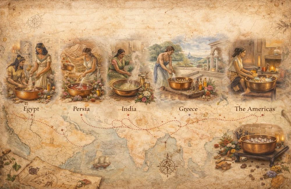 Ancient Americas filling soak bowls with water and ingredients for foot soaks with pyramids in the background