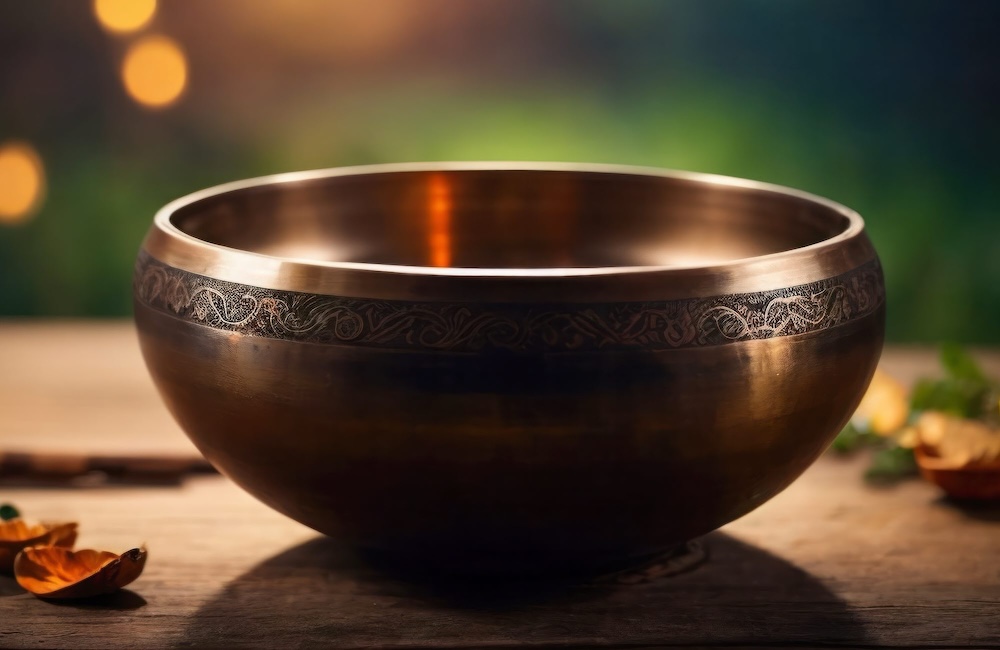 an ornate copper bowl on a table