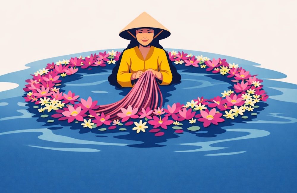 asian woman in water surrounded by a ring of flowers
