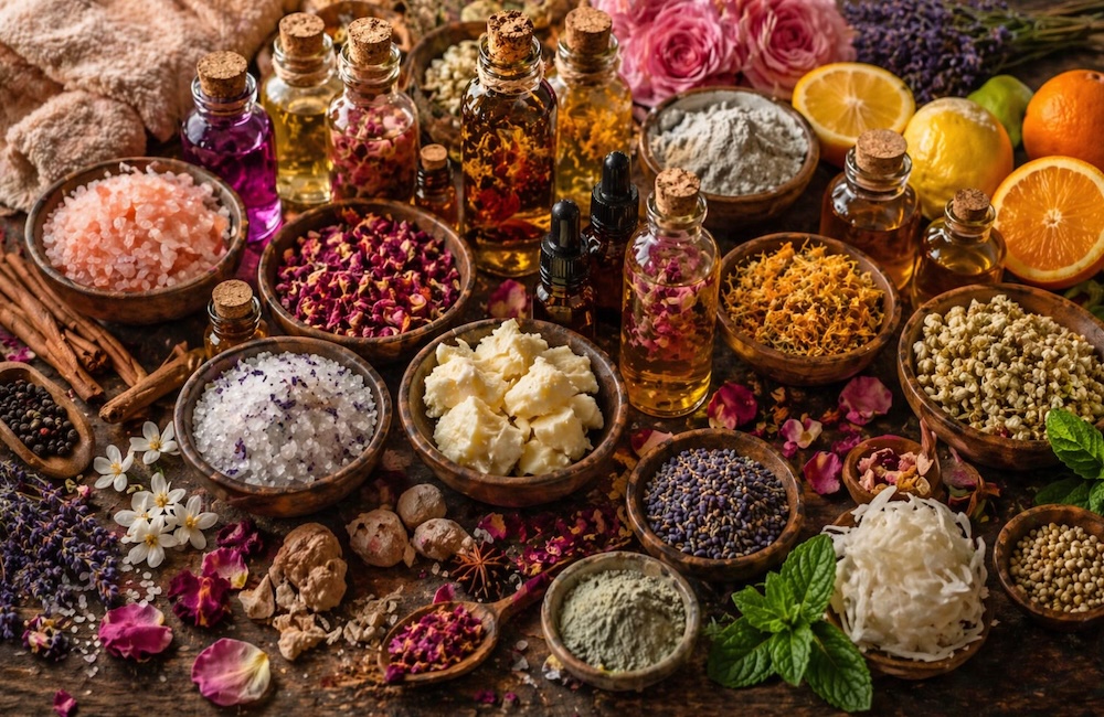 a broad mix of foot soak ingredients displayed on a table: butters, oils, salts, florwers, citrus, spices, extracts and more
