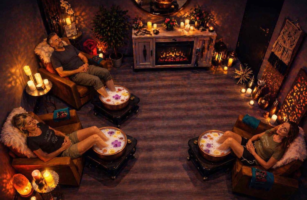 a man and 2 women enjooy a relaxing, blissful foot soak at Temple Foot Sanctuary