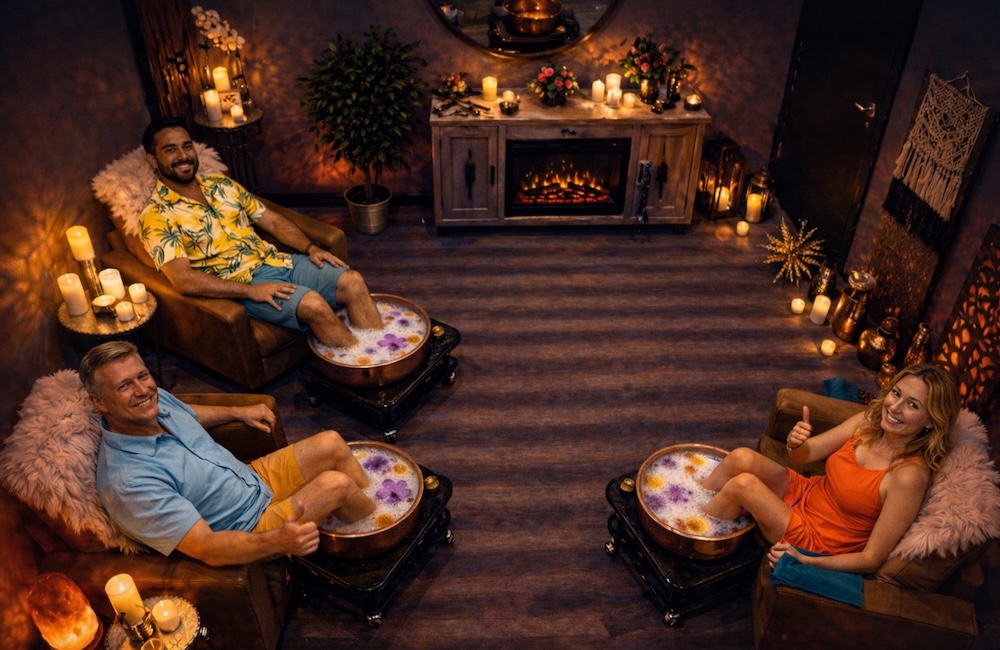 2 men and a woman soaking their feet offer thumbs up reviews on Temple Foot Sanctuary foot soaks