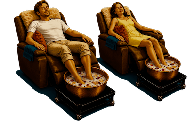 A man and a woman soaking their feet in a relaxing foot soak at Temple Foot Sanctuary
