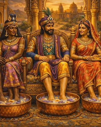 a royal WWM threesome enjoying foot soak experiences in a palace