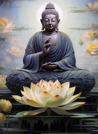 Buddha statue seated with elaborate flower in foreground