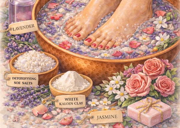The Salted Desert Rose foot soak is sensual and detoxifying, aromatic, deeply emollient. It softens skins while drawing out impurities