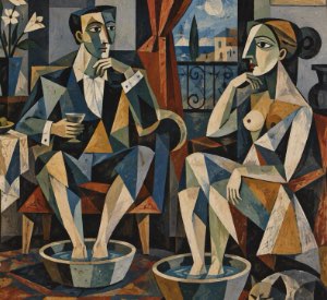 Cubist Style Oil on Canvas. 3 people enjoying a foot soak
