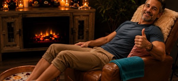Man giving the thumbs up symbol showing appreciation for a recharging, invigorating foot soak.