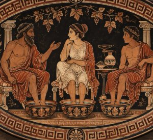 Ancient orante greek oval platter, depicting 3 people engaged in conversation while soaking feet in bowls