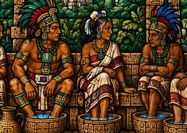 Ceremonial Maya relief portrays nobles gathered around elaborately-carved basins, suggesting a ritual act of purification or communal preparation