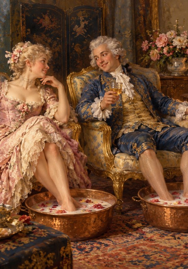 French Rocco style oil painting on canvas of a man and 2 women socializing while soaking their feet