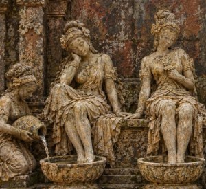 Southeast asian sculpture- Attendants at the Lotus Basin. Khmer Temple Period