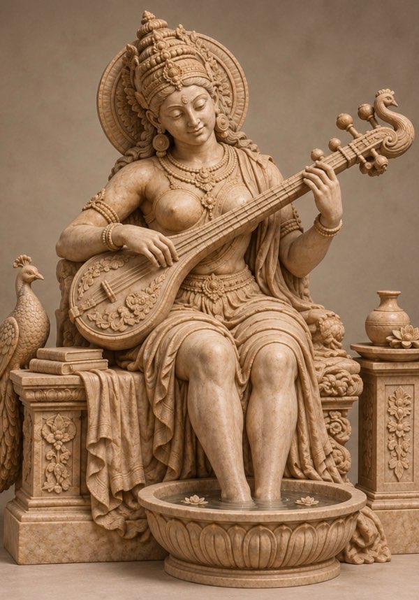 Ancient Indian sculpture of regal lady playing a veena while enjoying a foot soak